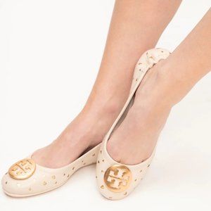 TORY BURCH MINNIE HEART CUTOUT LEATHER BALLET FLATS NEW W/ BOX SZ 6.5 CREAM GOLD
